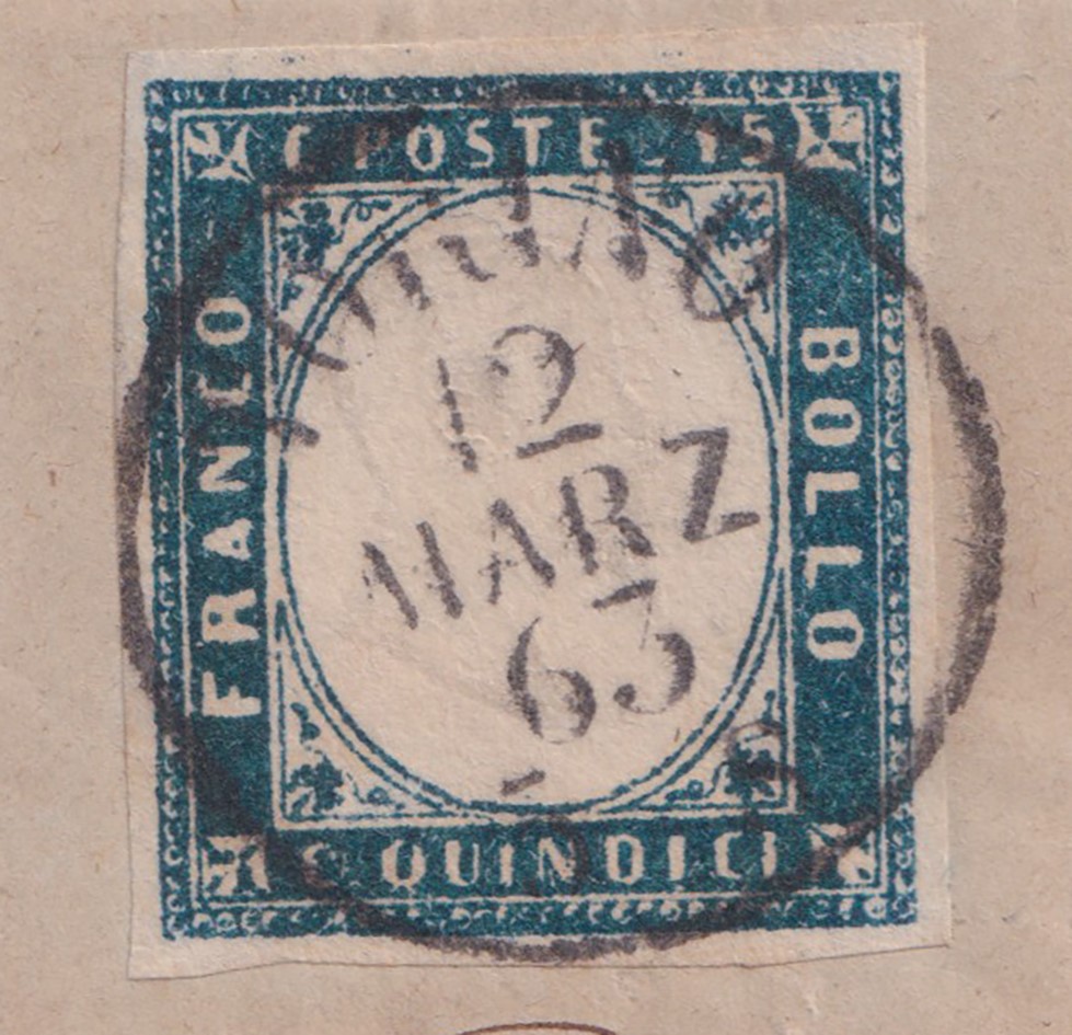 Regno d’Italia, Lettera del 13 marzo 1863 da Torino a Chieri con 15 cent. azzurro verdastro (n. 1...