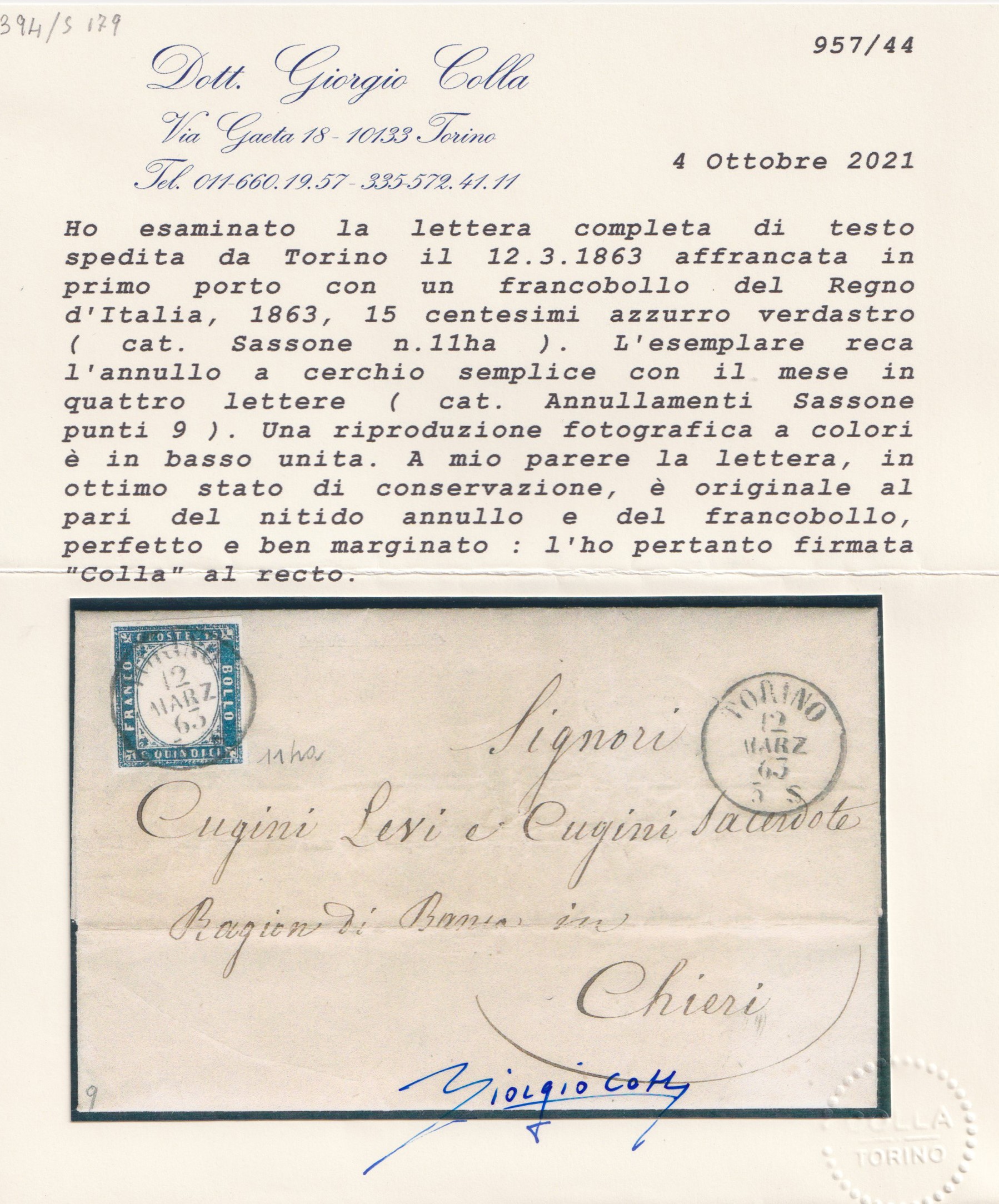 Regno d’Italia, Lettera del 13 marzo 1863 da Torino a Chieri con 15 cent. azzurro verdastro (n. 1...