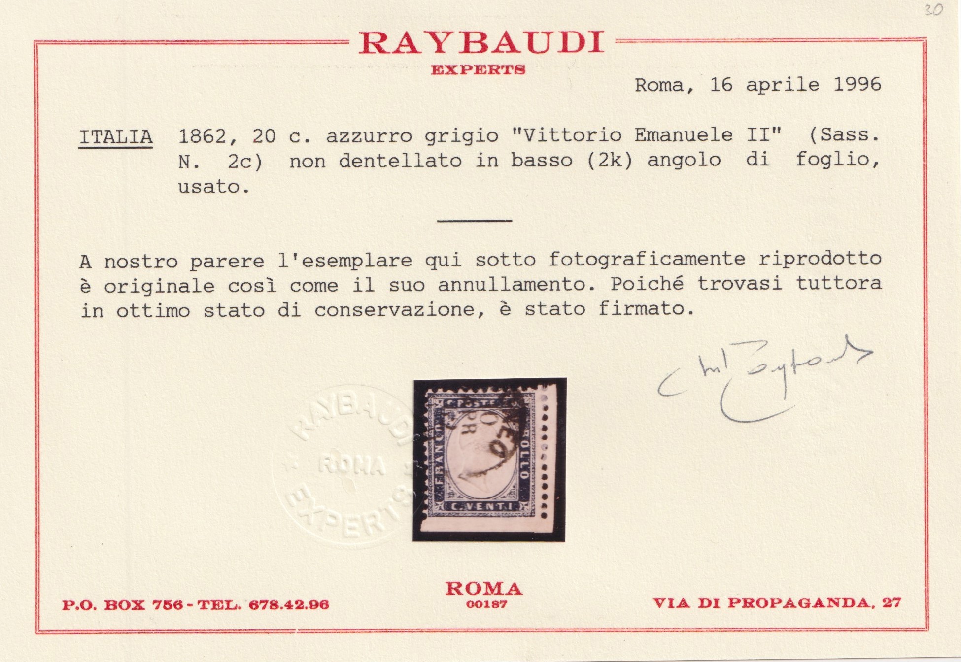 Raybaudi, Certificato, Regno, 20 centesimi azzurro-grigio, n. 2c non dentellato in basso, angolo ...