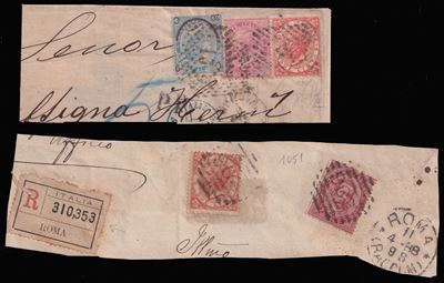 Regno, due frammenti di francobolli con annullamento e testo “2L. tir. di Torino” (1863)