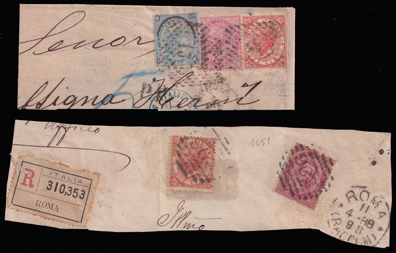 Regno, due frammenti di francobolli con annullamento e testo “2L. tir. di Torino” (1863)