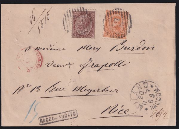 Regno - Storia Postale, affrancatura ''DUE RE'' su raccomandata per la Nizza  - Asta FRANCOBOLLI E STORIA POSTALE - Bertolami Fine Art - Casa d'Aste