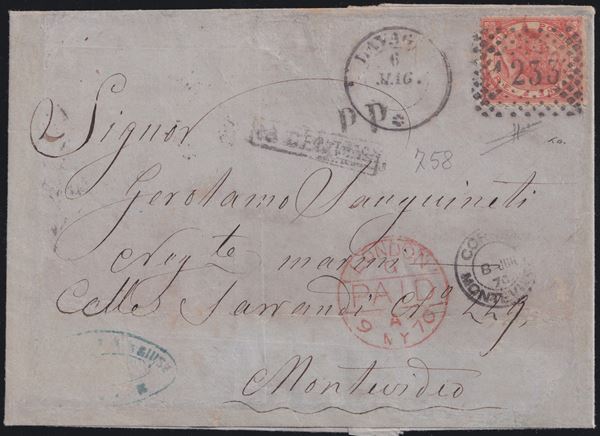 Kingdom - Postal History, 2 Lire issued by Turin, isolated for Montevideo.