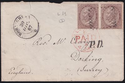 Regno, Storia postale: coppia 30 cent. tir. di Londra n. L19 per l’Inghilterra (30.12.1867)
