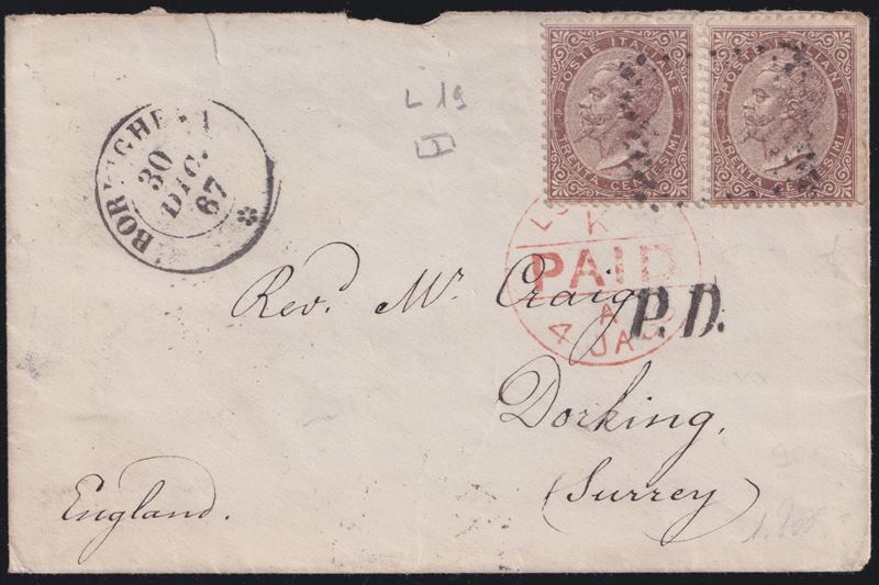 Regno, Storia postale: coppia 30 cent. tir. di Londra n. L19 per l’Inghilterra (30.12.1867)