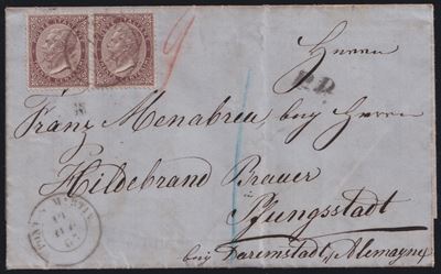 Francobolli postali, Regno d’Italia: coppia 30 cent. bruno tir. di Londra (n.L19) su lettera per ...