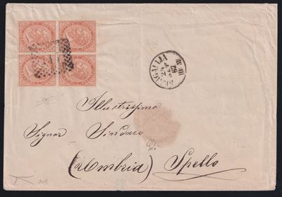 10 cent., Regno – Storia Postale, blocco di quattro da 10 cent. ocra-arancio, n. L17 (tiratura di...
