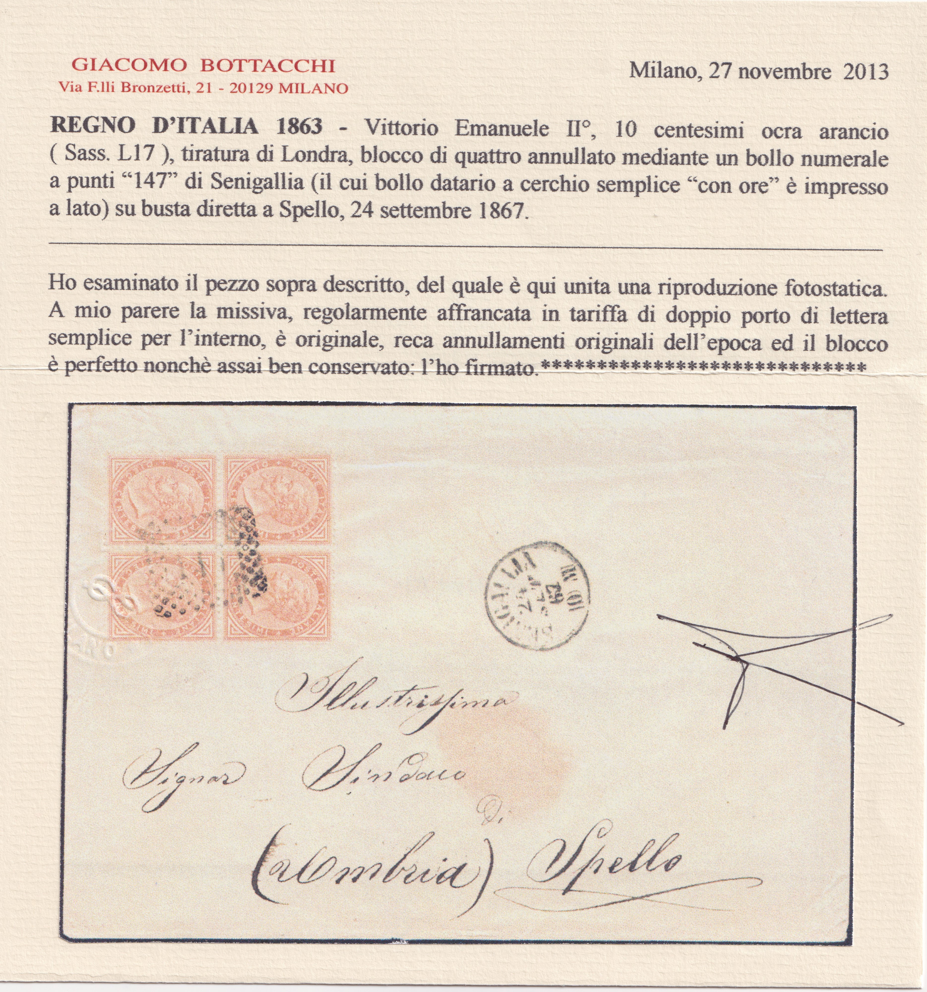 10 cent., Regno – Storia Postale, blocco di quattro da 10 cent. ocra-arancio, n. L17 (tiratura di...