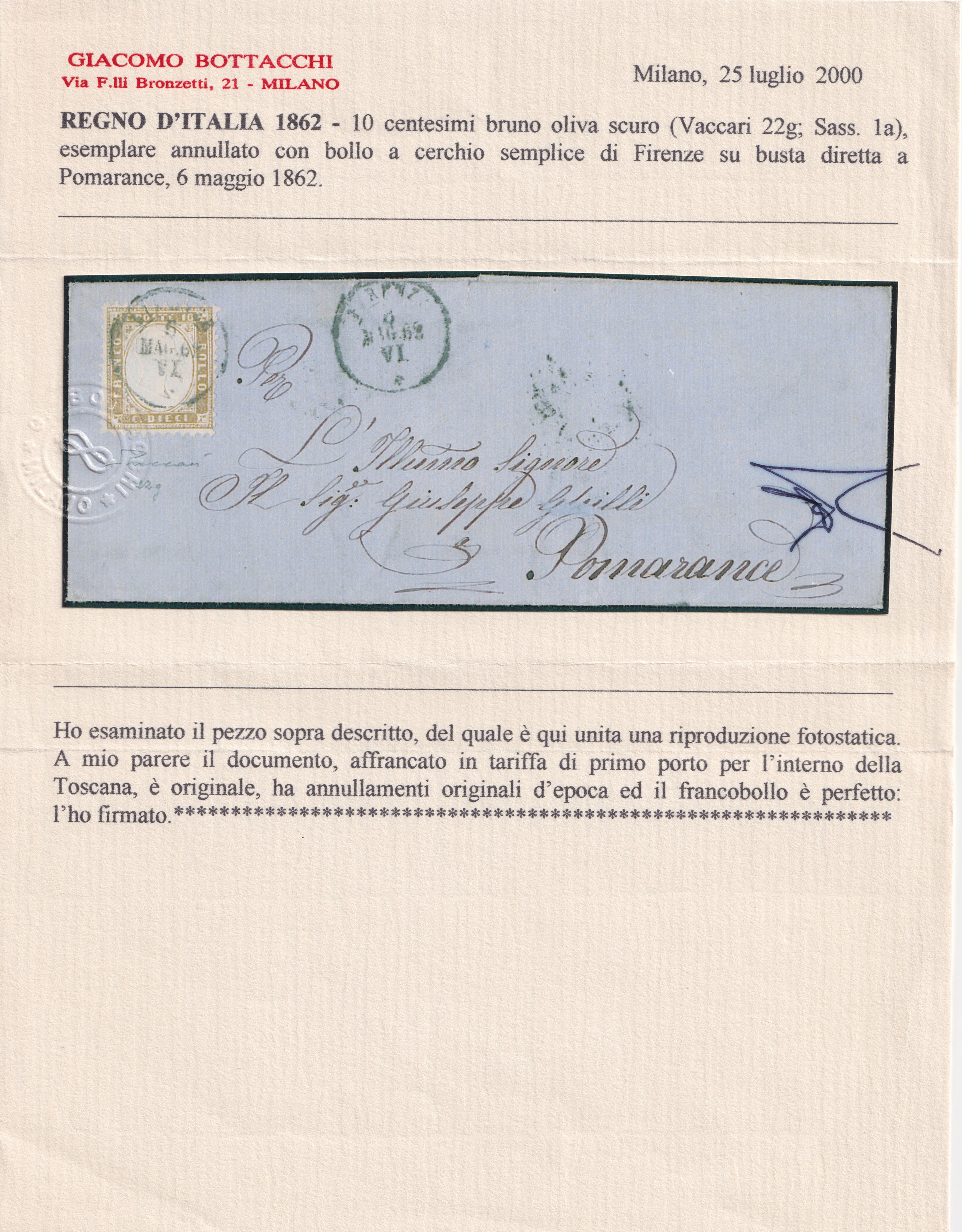 Regno, Storia postale — Francobollo da 10 centesimi bistro oliva scuro n. 1a su lettera (Firenze–...
