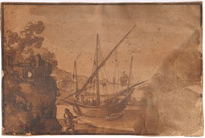 Paesaggio marino con una barca e un pescatore