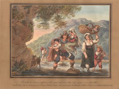 Famiglia di ciociari che attraversa un lago per ritornare al loro paese, acquarello (1834)