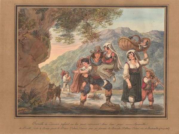 Famiglia di ciociari che attraversa un lago per ritornare al loro paese