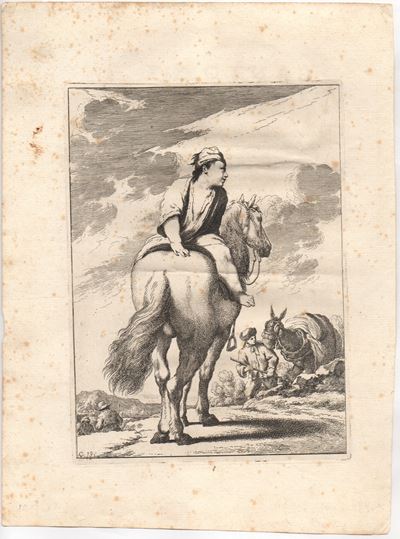 Cacasenno a cavallo (acquaforte, suite per il poema di Bertoldo con Bertoldino e Cacasenno)