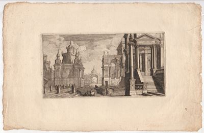 Capriccio architettonico con rovina monumentale, fontanile e figure