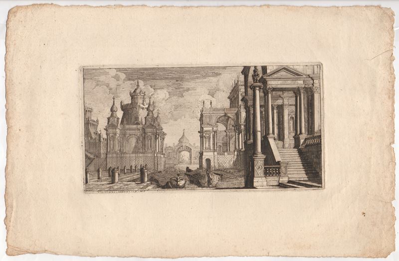 Vincenzo Mazzi - Capriccio architettonico con rovina monumentale, fontanile e figure