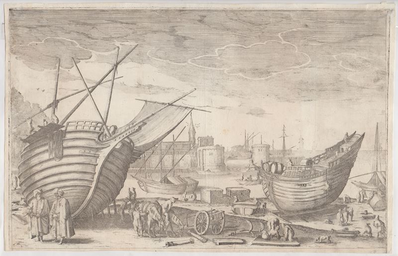 Anonimo incisore toscano del XVII secolo, Porto con imbarcazioni