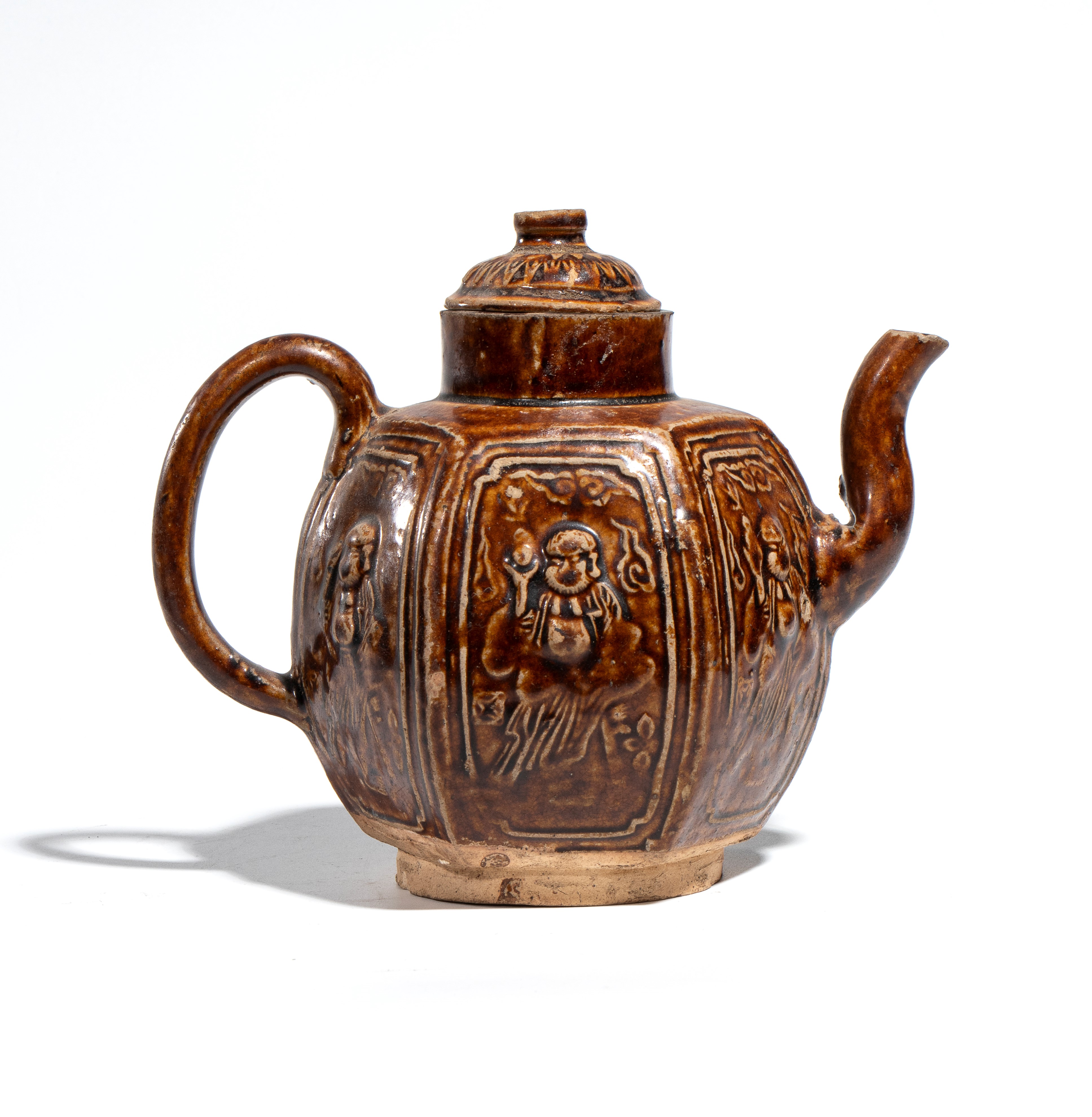 Asia del Sud, Teiera in ceramica con invetriatura a smalti bruno e ocra, XIX secolo