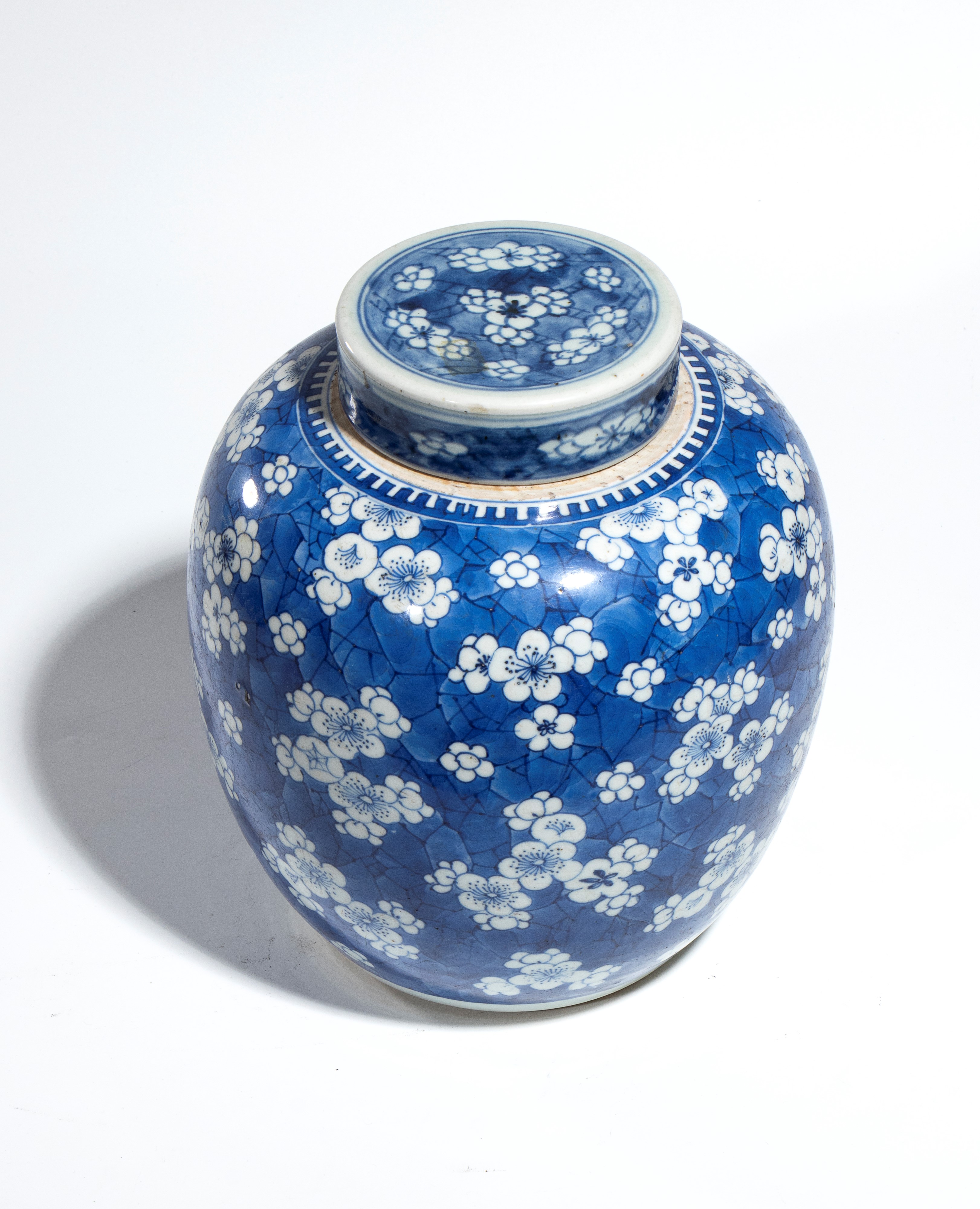 Cina (dinastia Qing), Giara in porcellana bianca e blu con decorazione a fiori di prugno (motivo ...