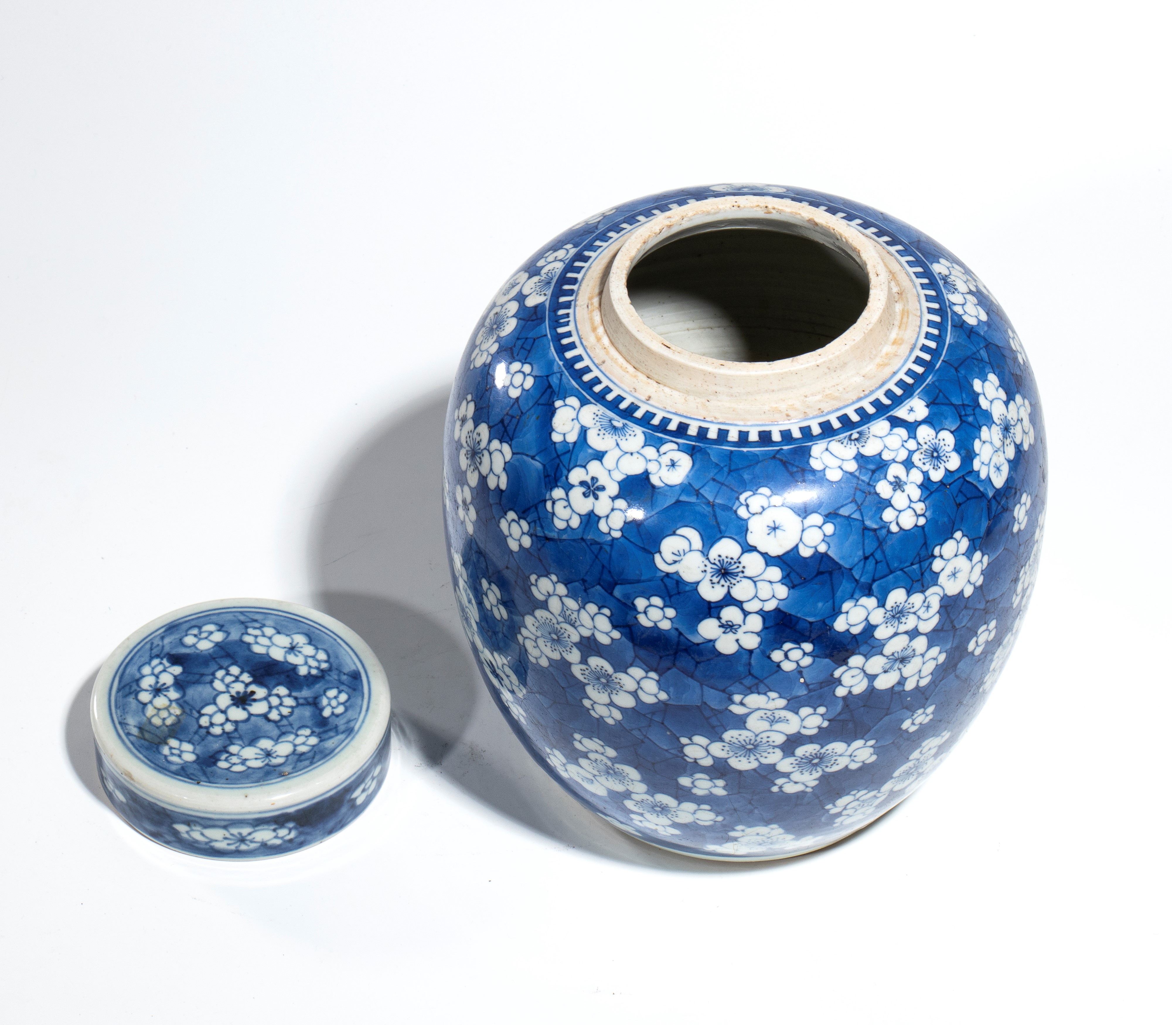 Cina (dinastia Qing), Giara in porcellana bianca e blu con decorazione a fiori di prugno (motivo ...