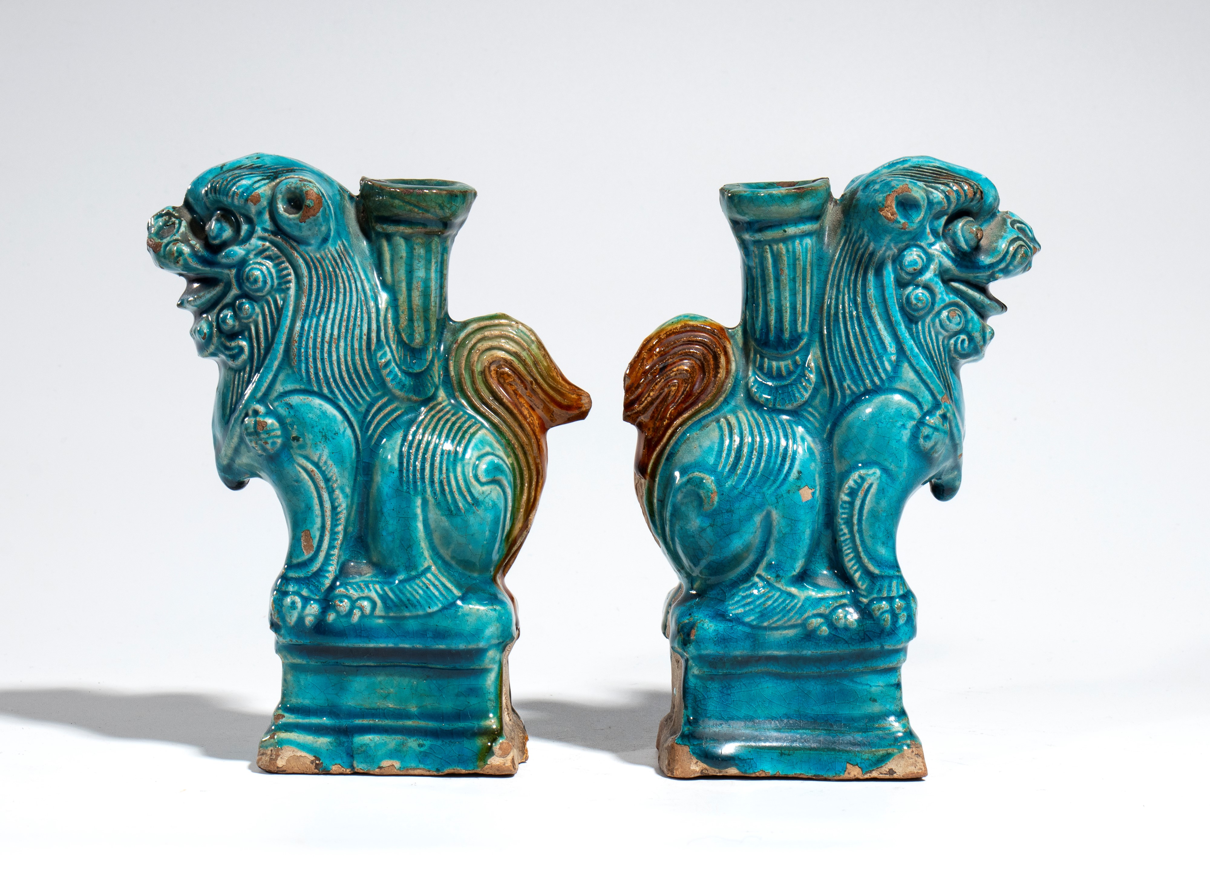 Coppia di cani di Fu, ceramica smaltata turchese, Cina, dinastia Ming, XVII secolo