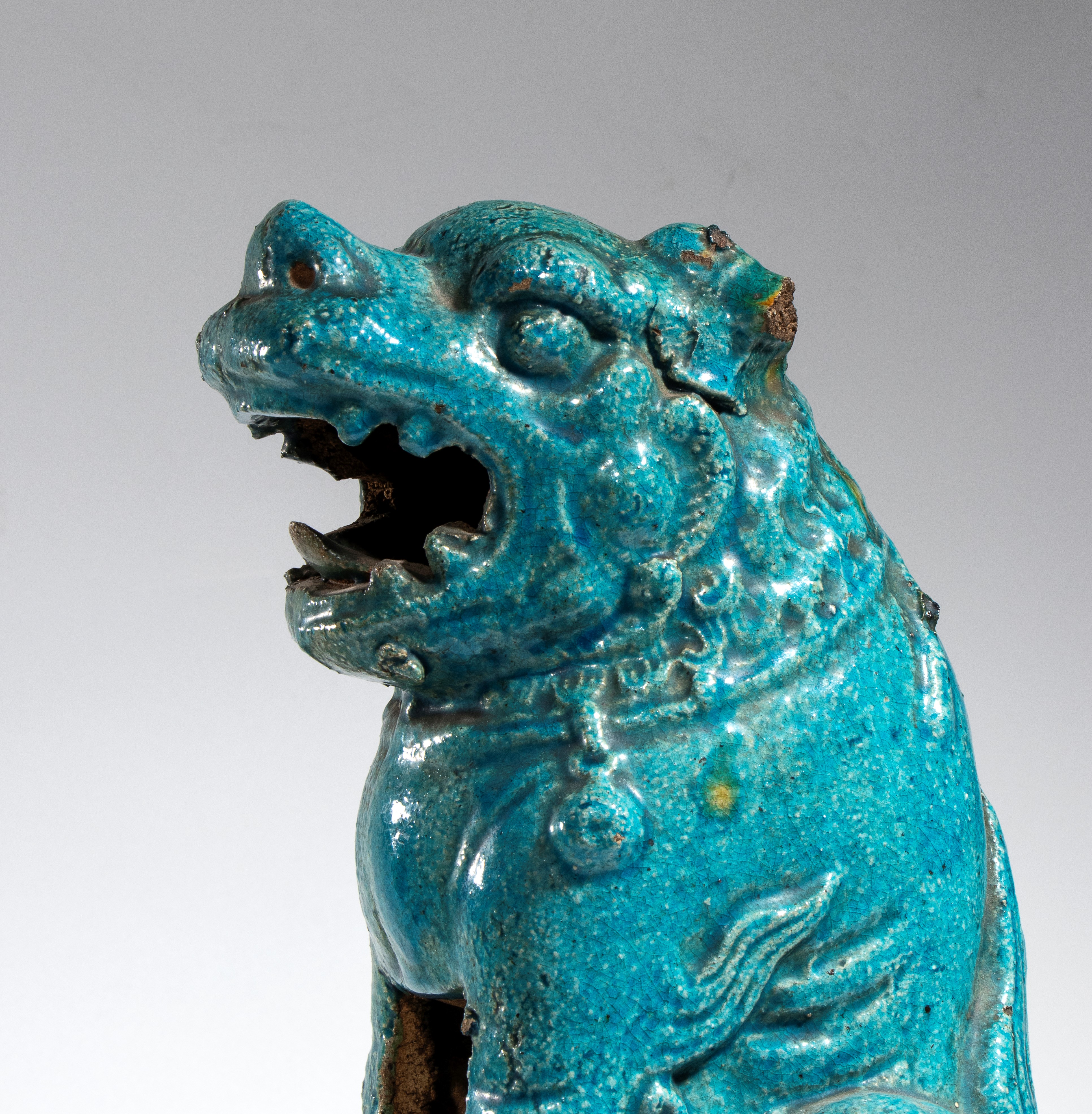 Cina, dinastia Ming (XVII secolo), Grande coppia di cani Fo in ceramica smaltata turchese