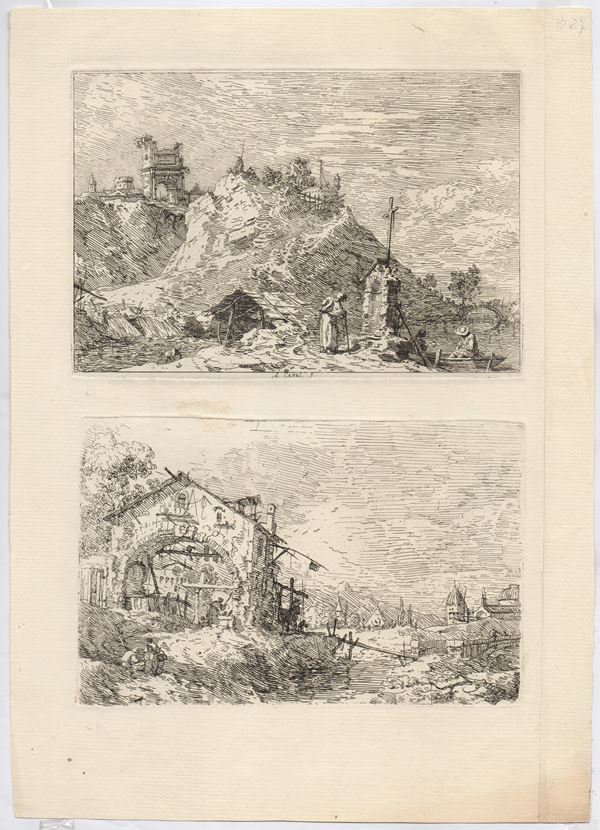 Giovanni Antonio Canal  detto il Canaletto - Landscape with a Tower and Two Ruined Pillars | Landscape with a Woman at a Well