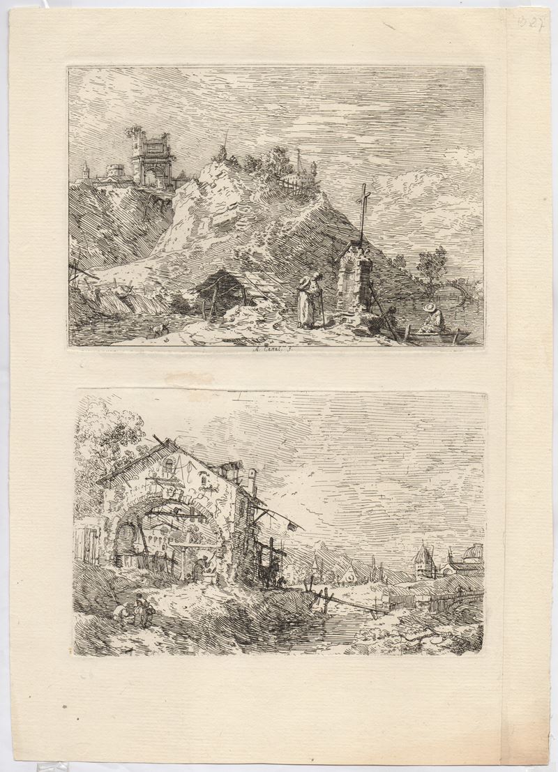 Giovanni Antonio Canal Detto il Canaletto - Paesaggi con pellegrino in preghiera e donna al pozzo...