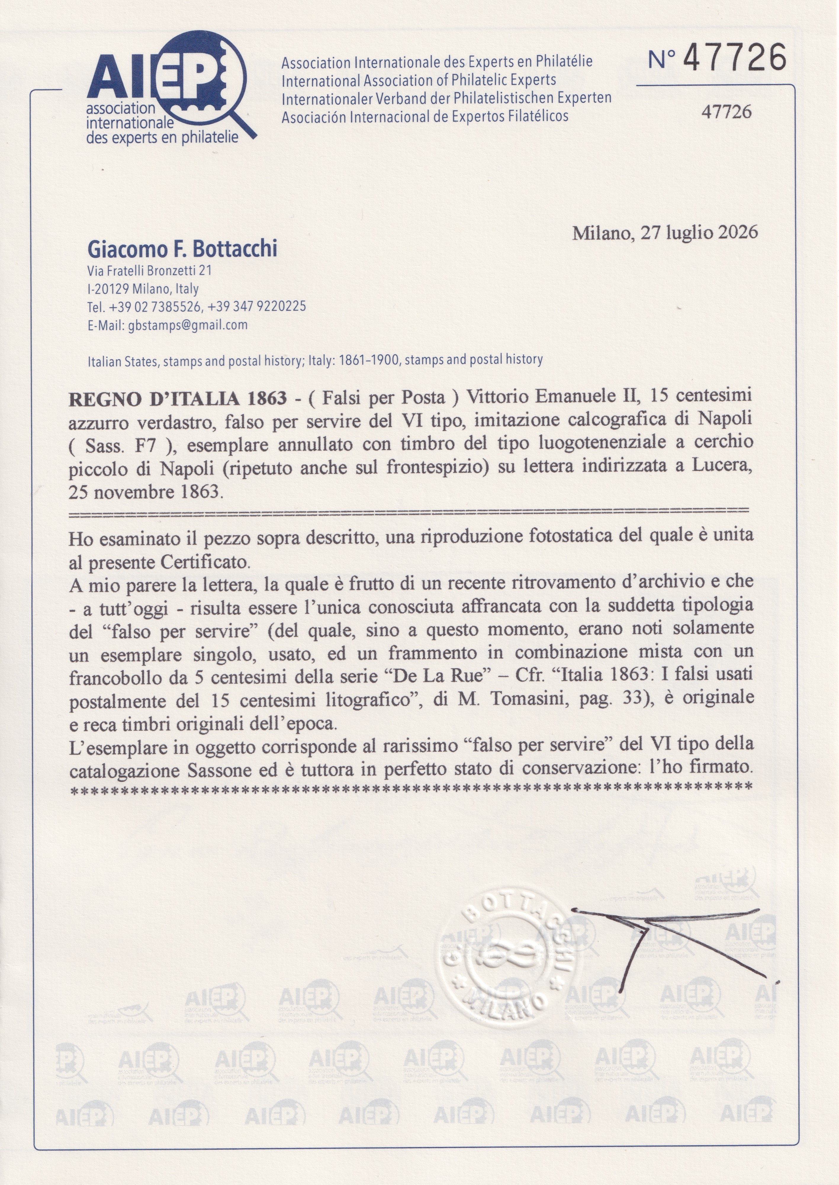 Falso per posta, Napoli n.F7 (15 cent.) su lettera
