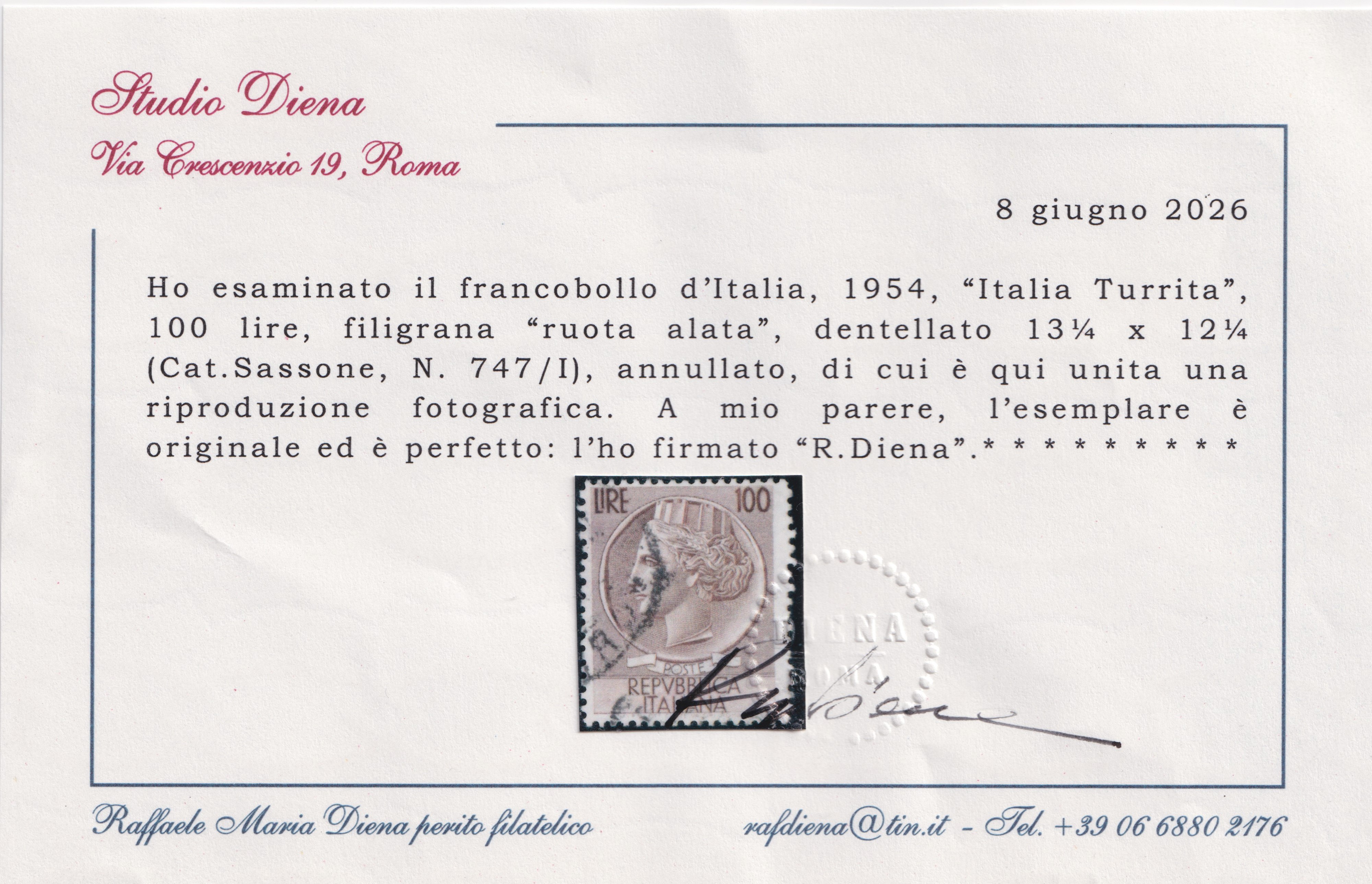 R.Diena, 100 Lire Repubblica — varietà “ruota alata” con dentellatura 13 1/4 x 12 1/4, n. 747/I