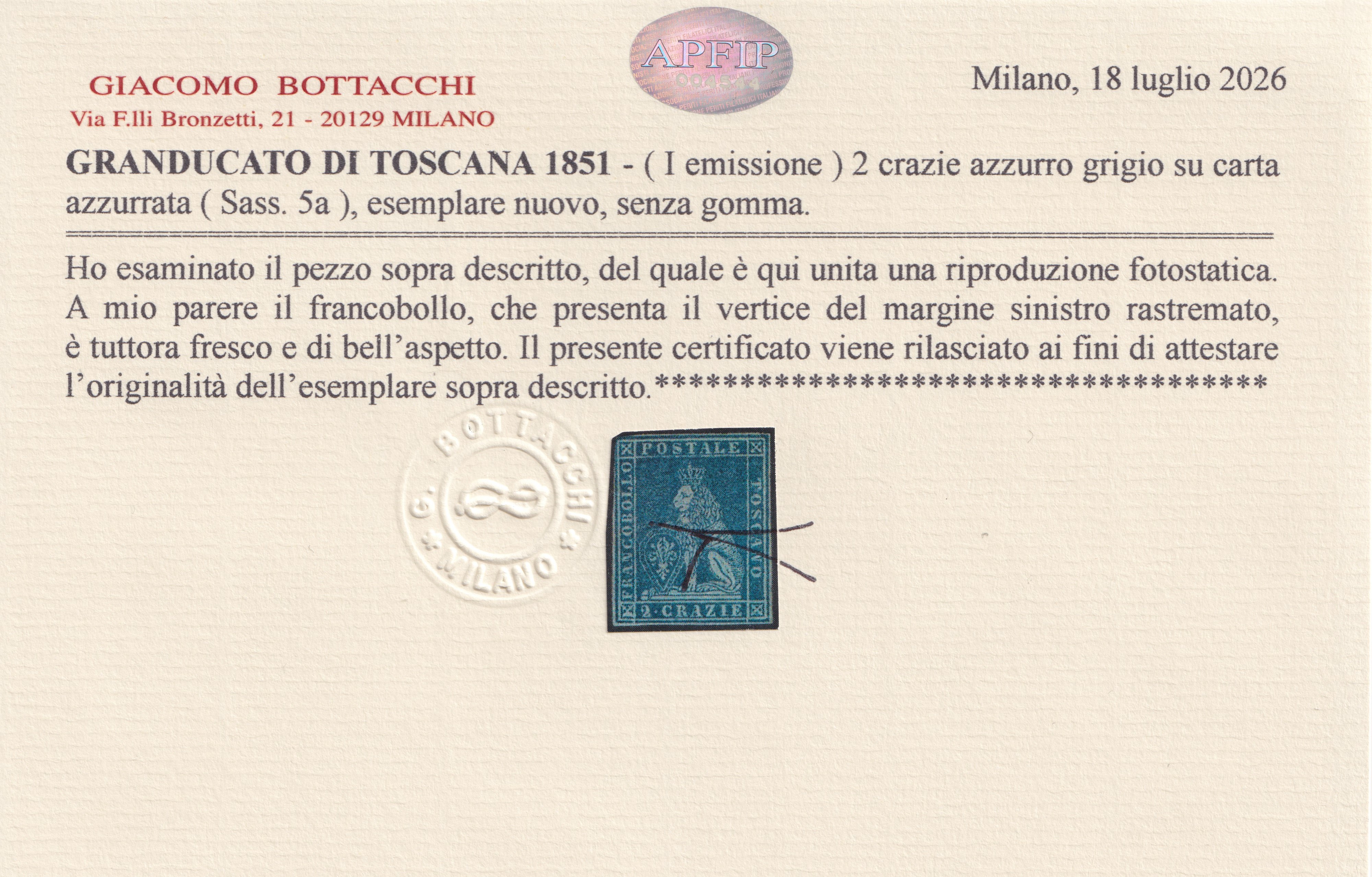I emissione Toscana, 2cr azzurro grigio su azzurro (n. 5a)