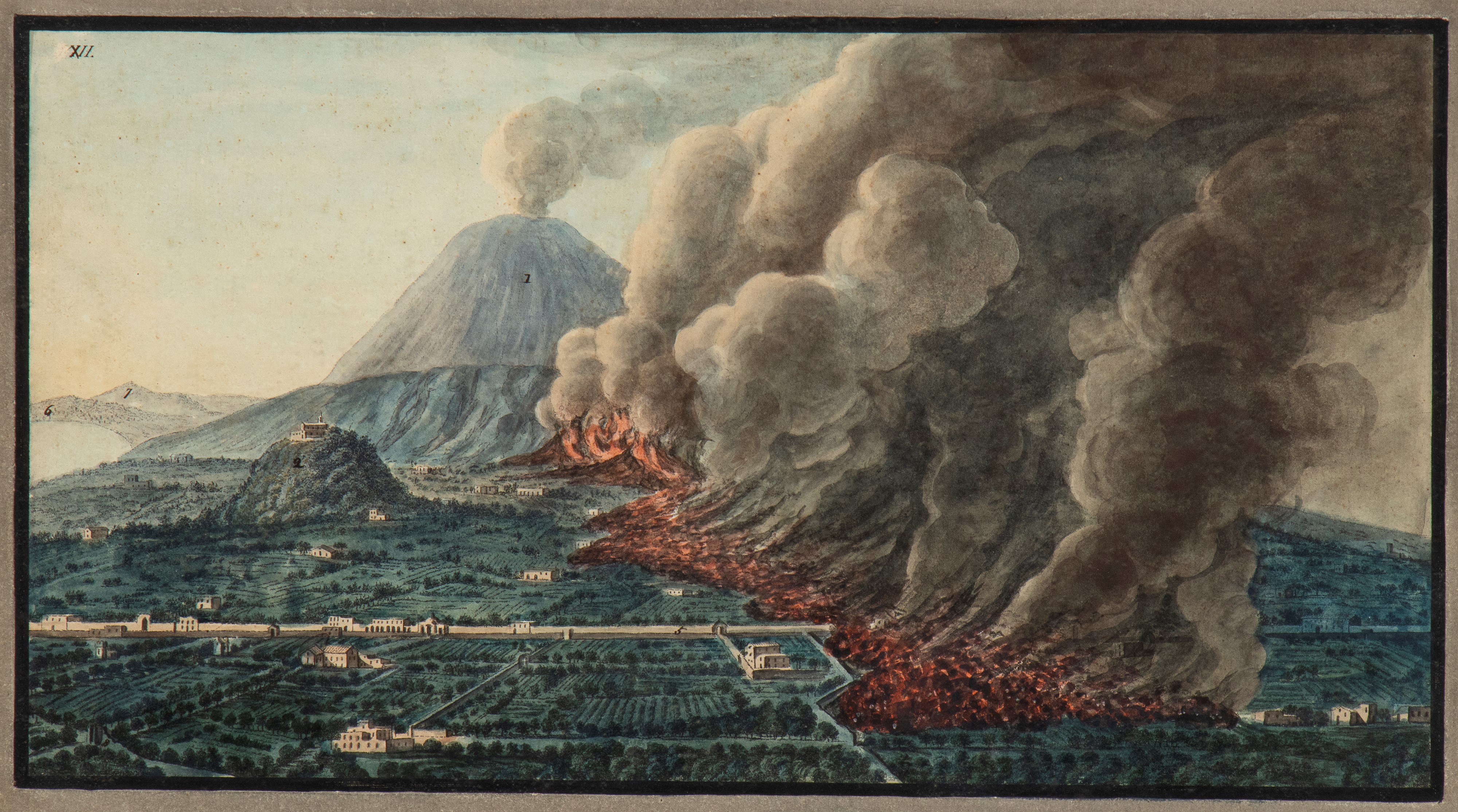 Pietro Fabris - Vedute di Astruni, Pisciarelli e Solfatara, acq. a mano su incisioni