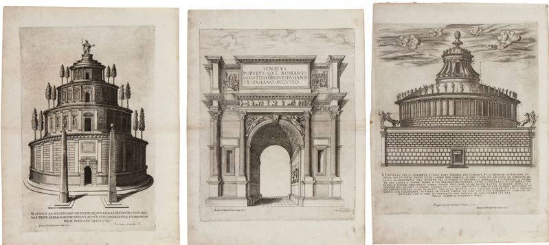 Giovanni Orlandi, Tre incisioni: Sepolcro di Adriano, Arco di Tito, Sepolcro di Augusto (da Specu...