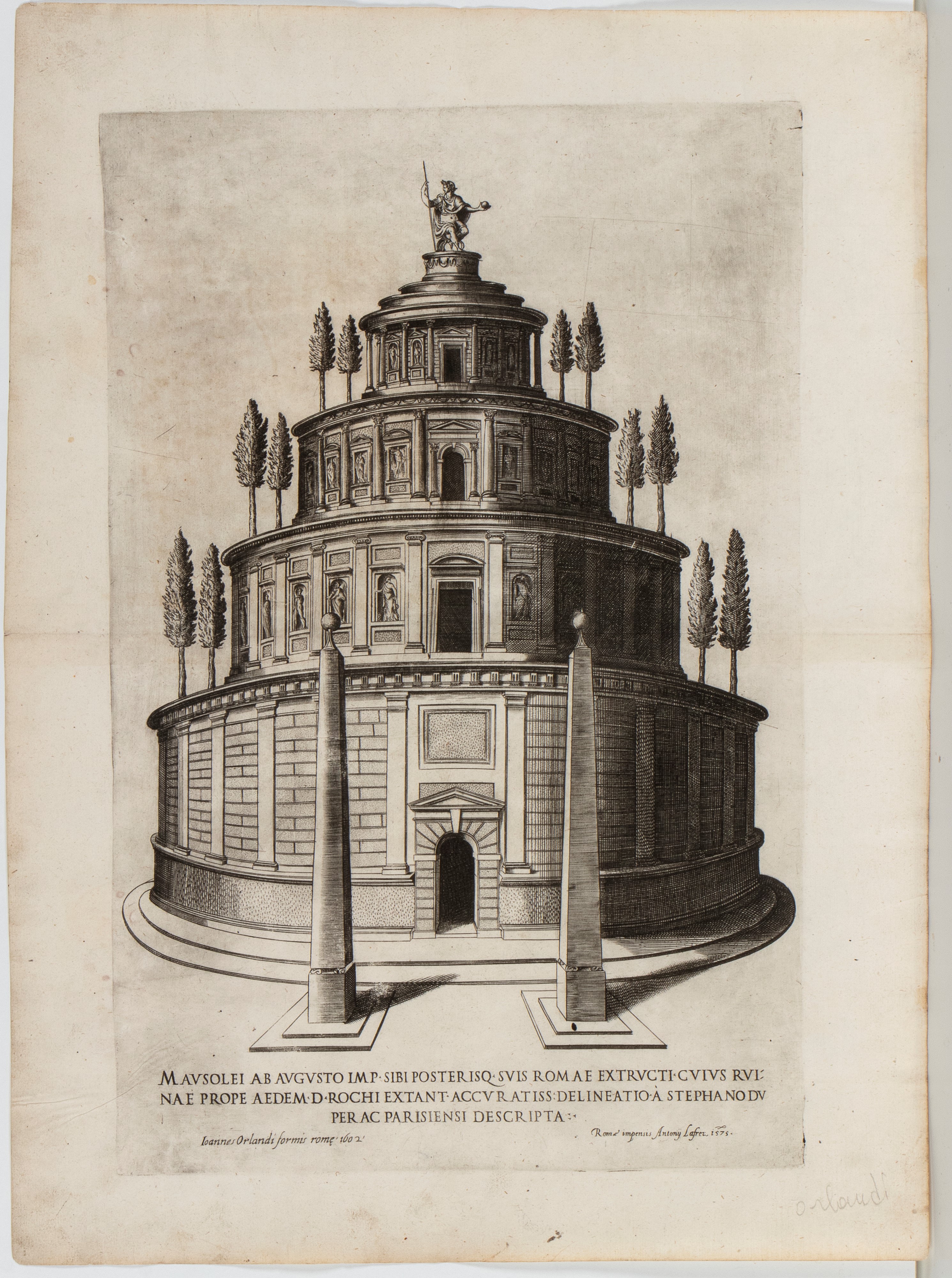 Giovanni Orlandi, Tre incisioni: Sepolcro di Adriano, Arco di Tito, Sepolcro di Augusto (da Specu...