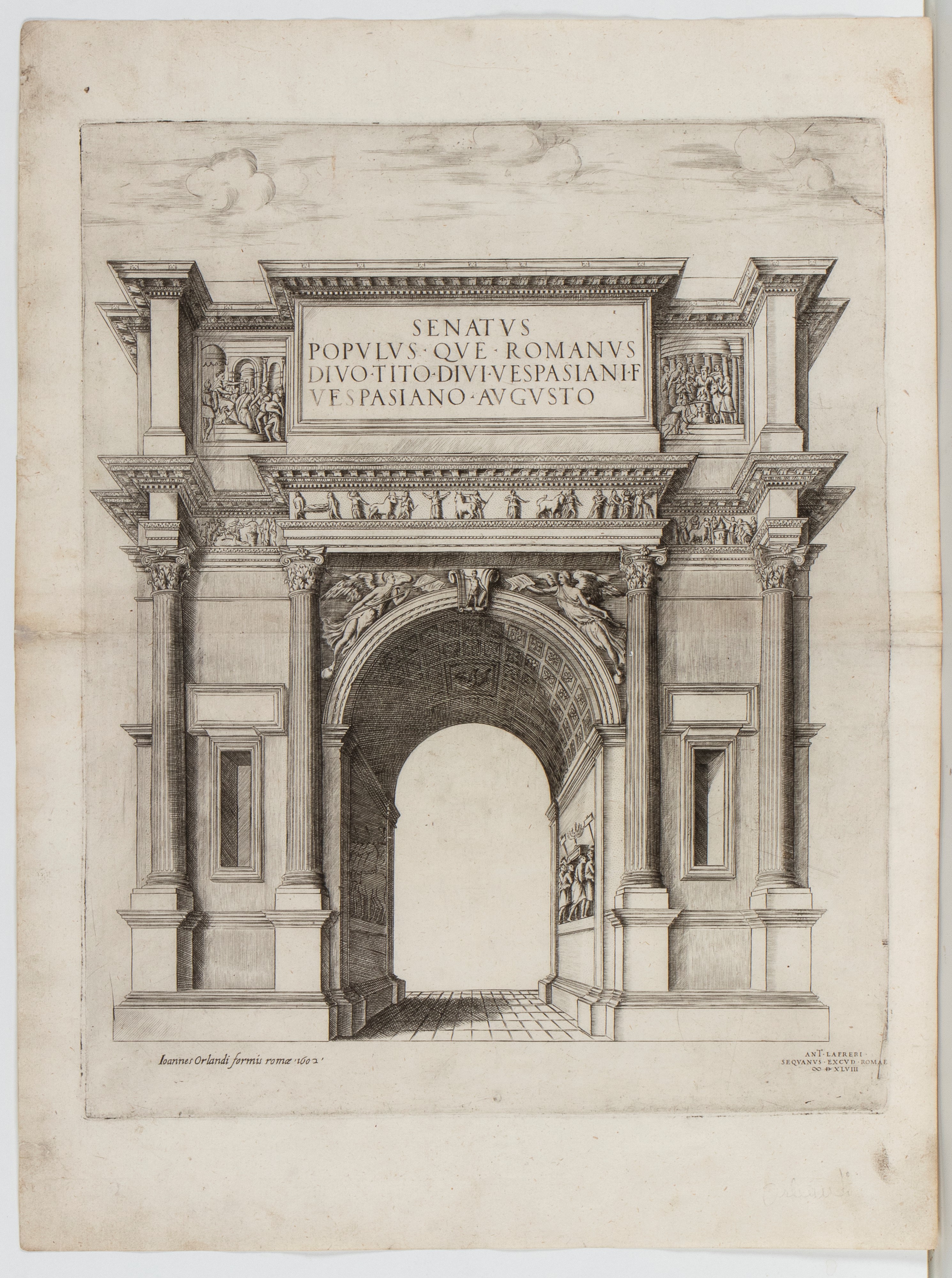 Giovanni Orlandi, Tre incisioni: Sepolcro di Adriano, Arco di Tito, Sepolcro di Augusto (da Specu...