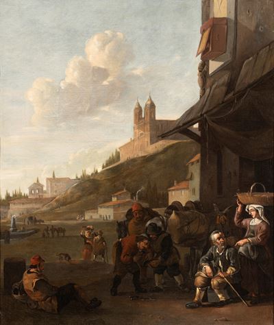 Paesaggio con viandanti, maniscalco e Trinità dei Monti sullo sfondo, olio su tela