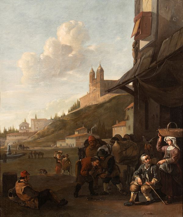 Johannes Lingelbach - Landscape with travellers, a blacksmith, and the Trinità dei Monti in the background