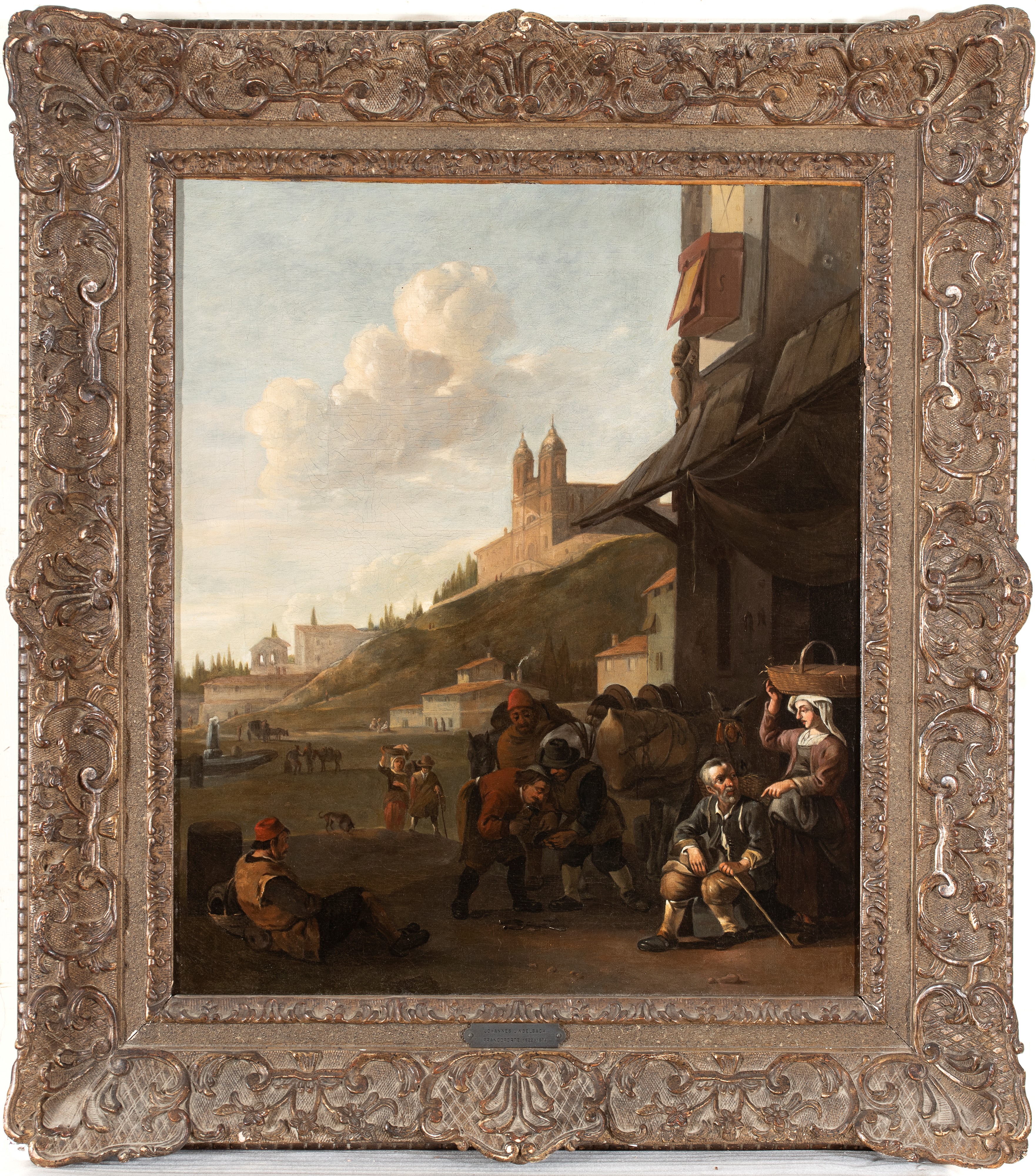 Johannes Lingelbach - Paesaggio con viandanti, maniscalco e Trinità dei Monti sullo sfondo, olio ...