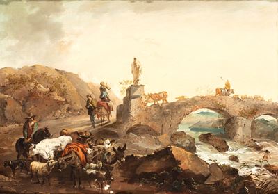 Paesaggio italiano con figure e ponticello, olio su tela