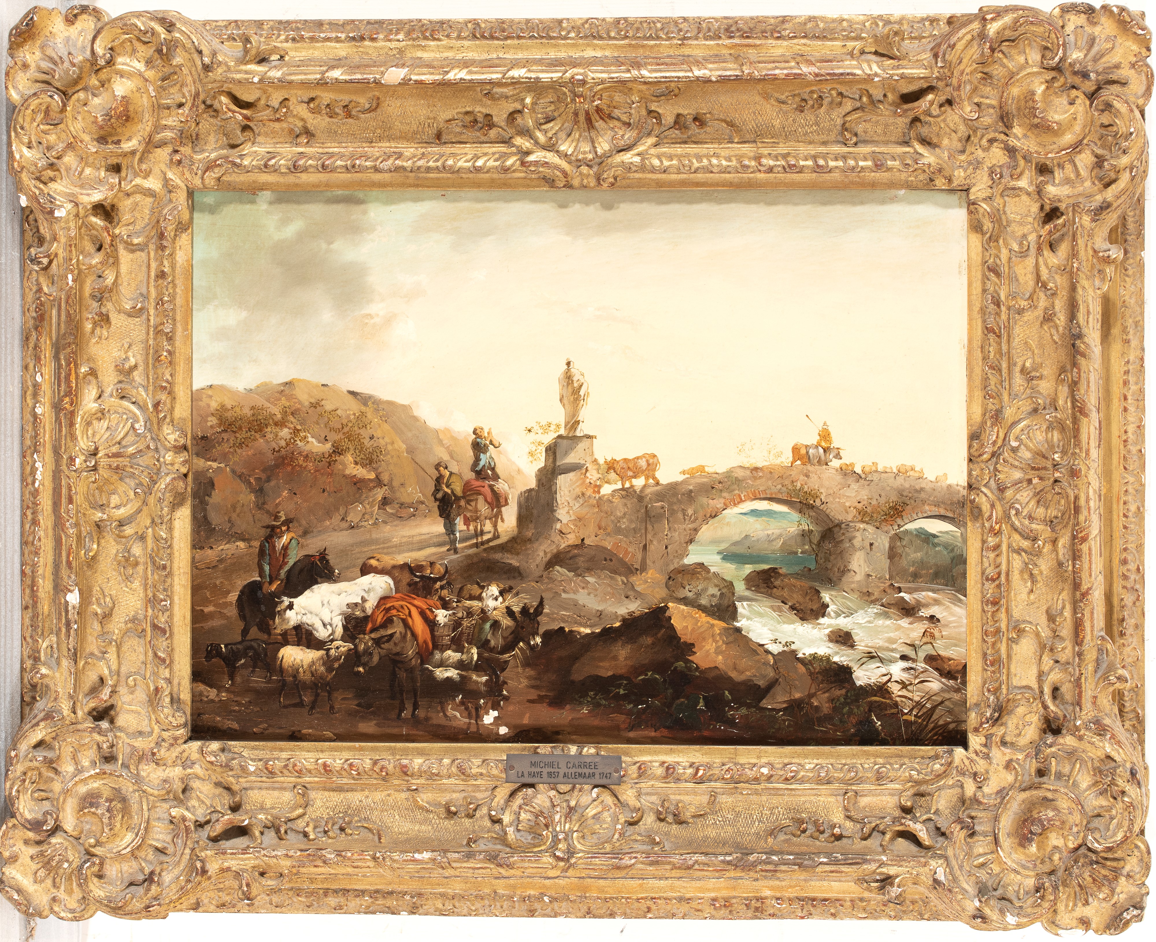 Michiel Carree - Paesaggio italiano con figure e ponticello, olio su tela
