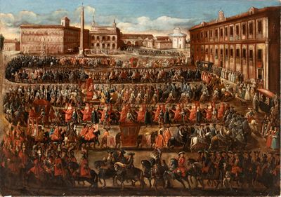 La Cavalcata del Possesso di Clemente XI verso il palazzo Lateranense, olio su tela