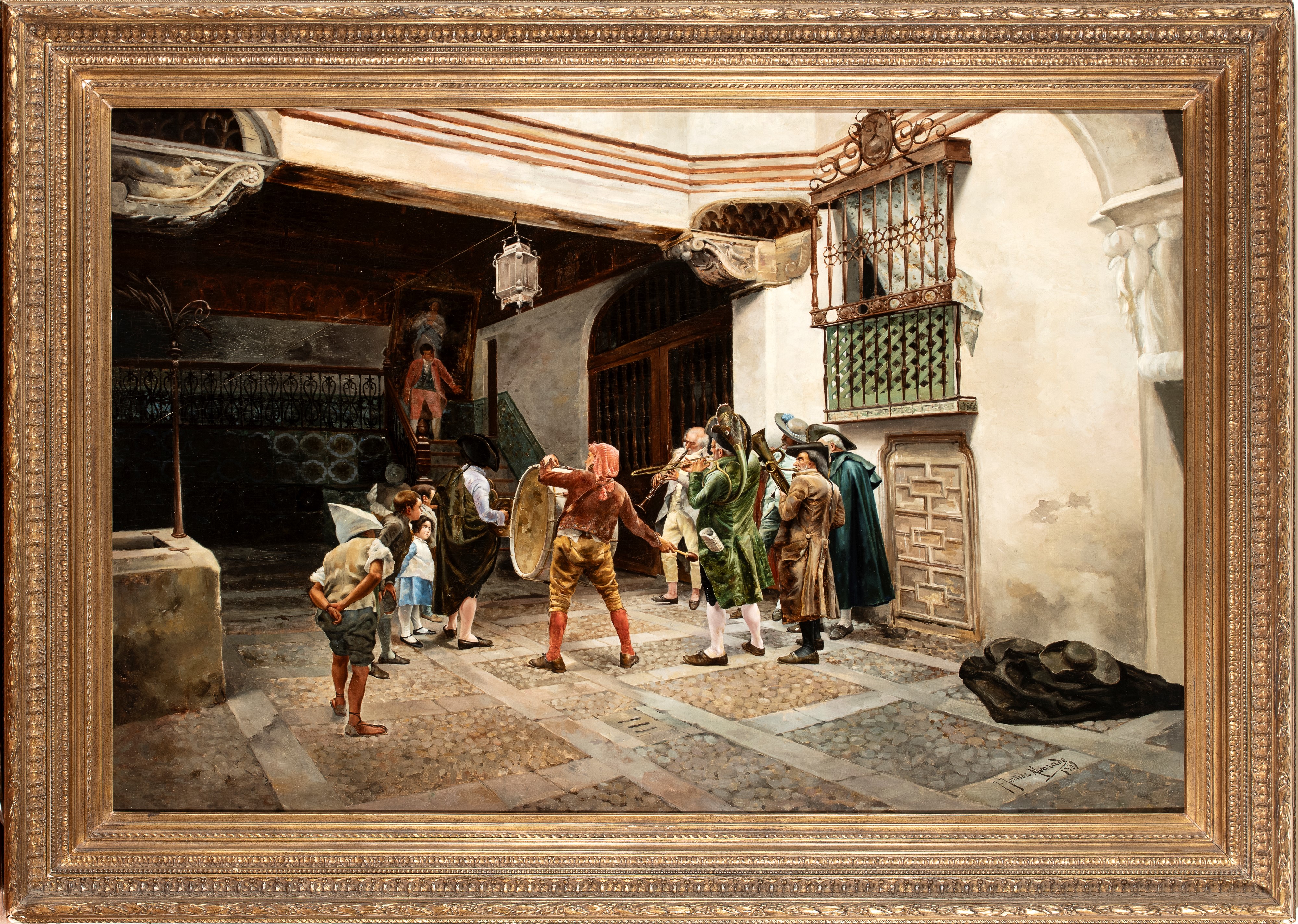 José Fernández Alvarado - Serenata in un cortile, olio su tela