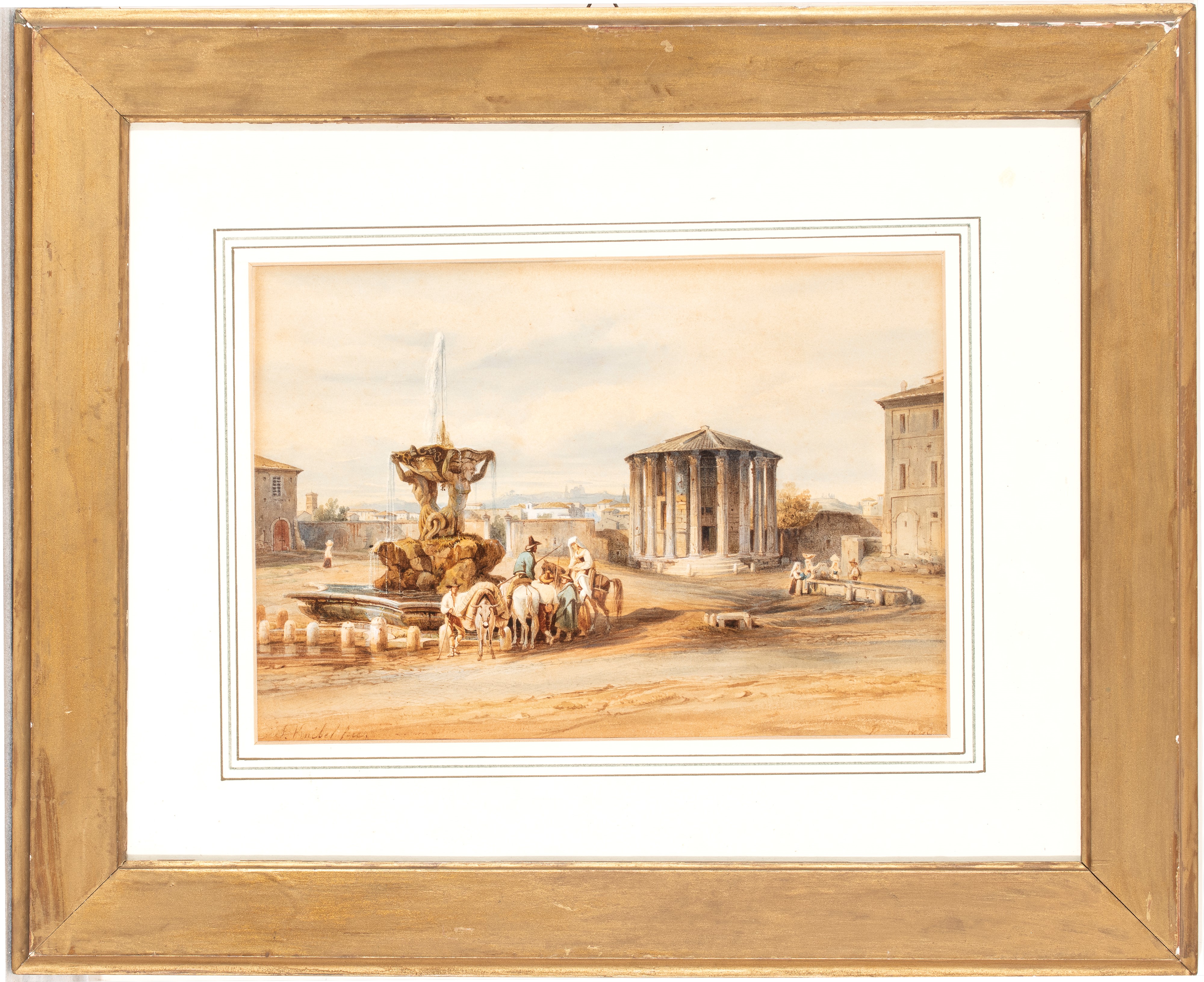 Charles-françois Knebel - Veduta del Foro Boario con figure a cavallo, acquarello su carta