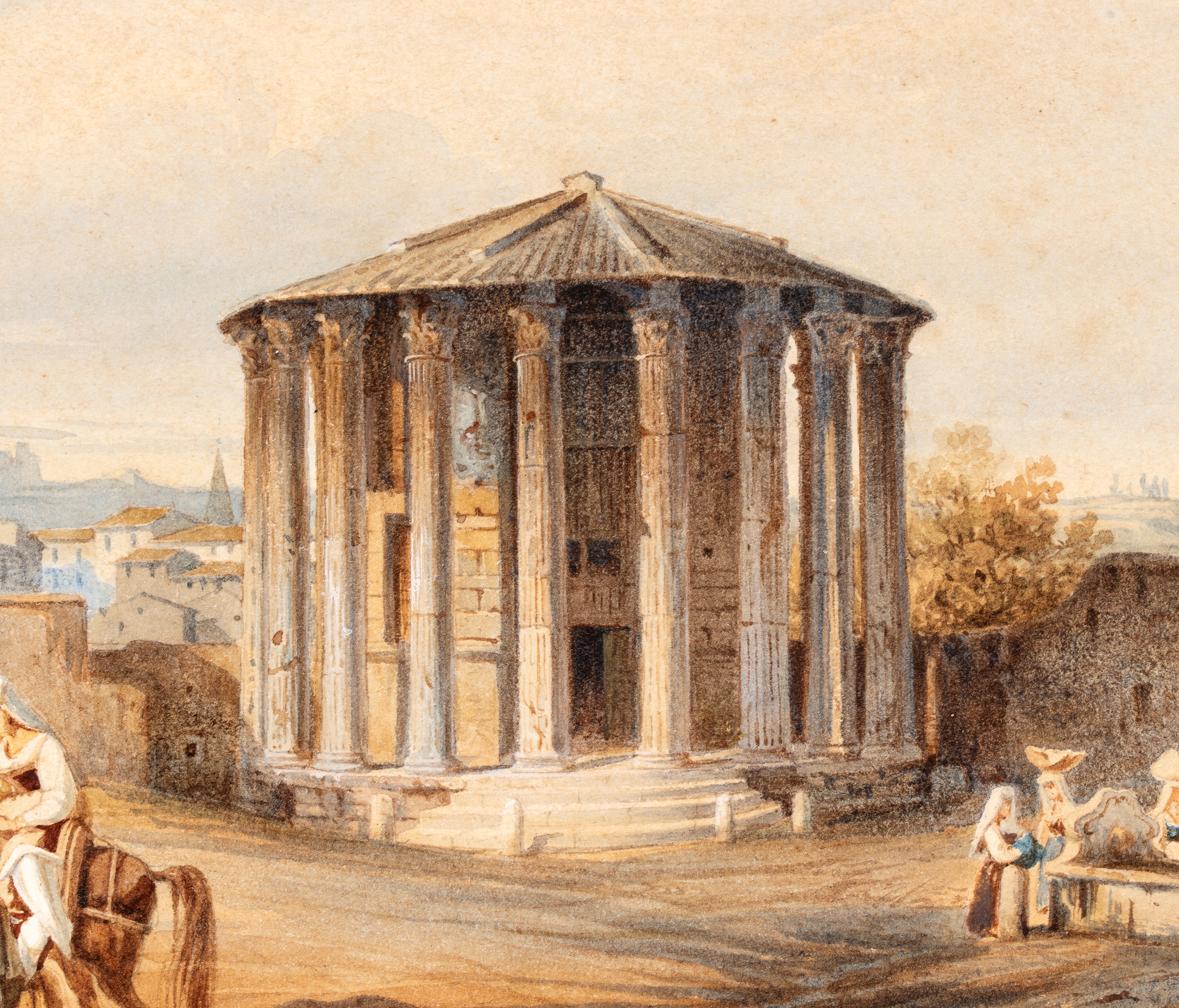 Charles-françois Knebel - Veduta del Foro Boario con figure a cavallo, acquarello su carta