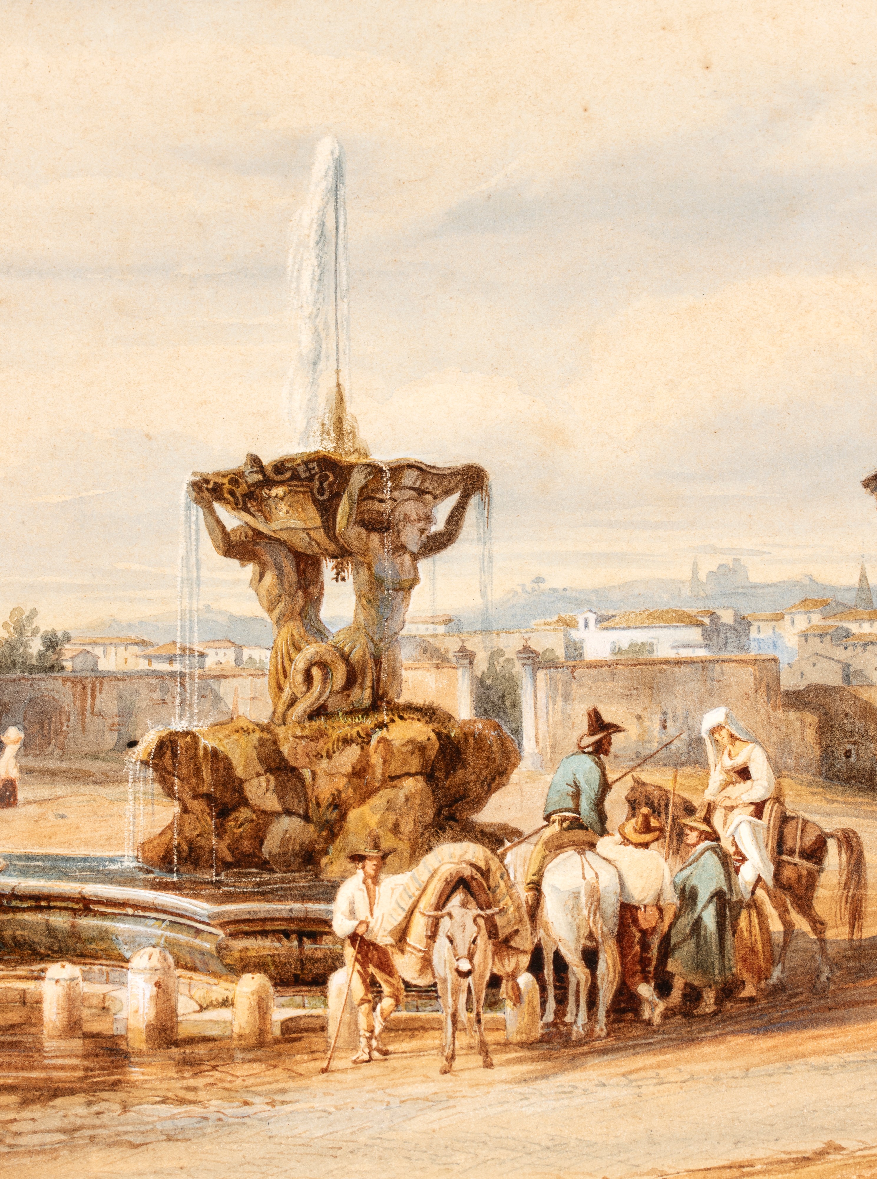 Charles-françois Knebel - Veduta del Foro Boario con figure a cavallo, acquarello su carta