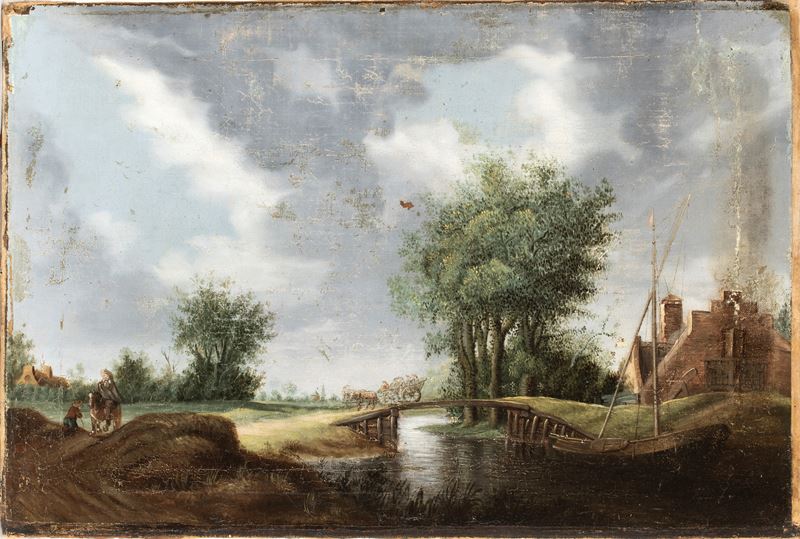 Artista Olandese, XVIII Secolo - Paesaggio fluviale con ponte, carrozza e figure, olio su tela