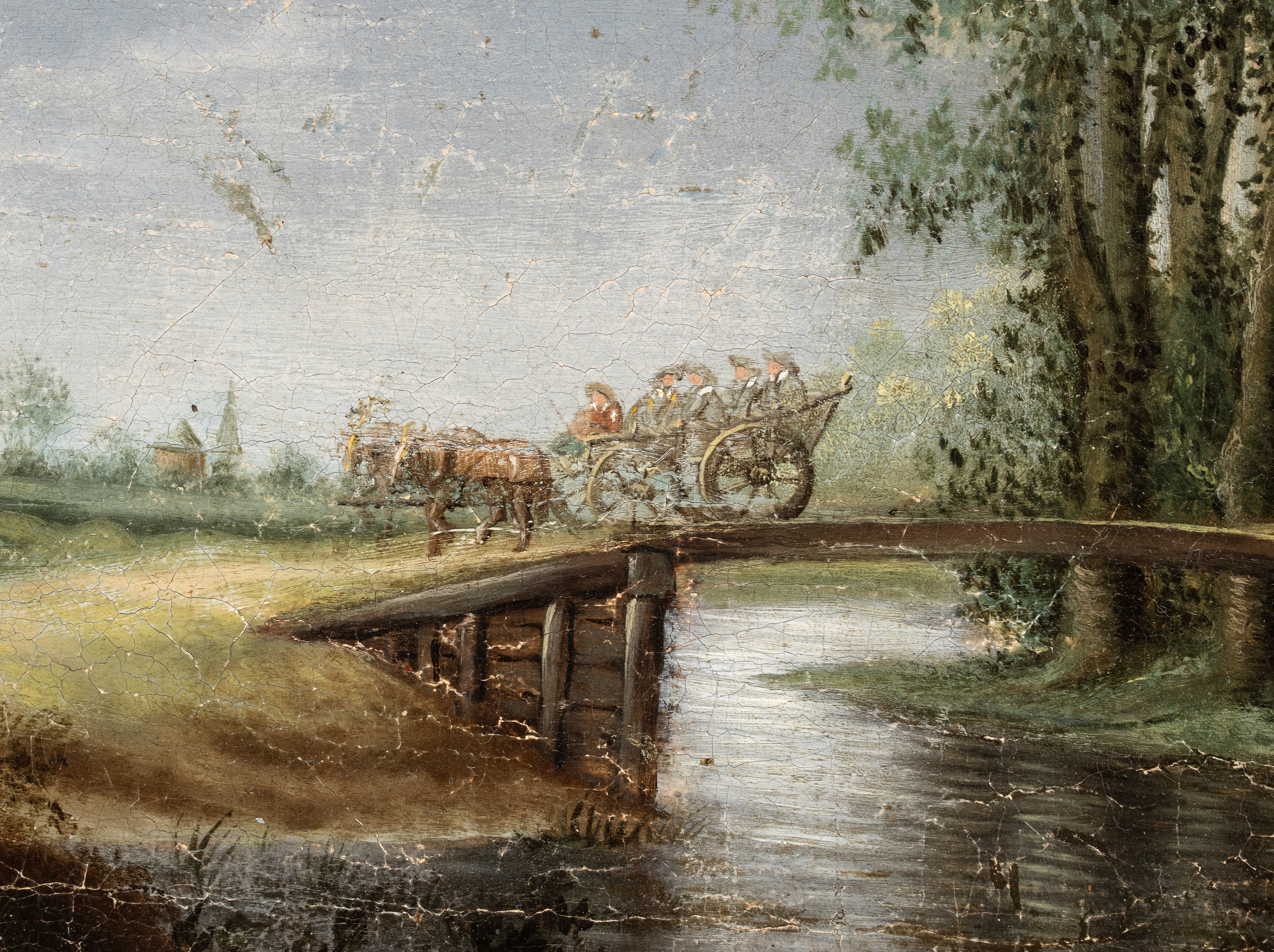 Artista Olandese, XVIII Secolo - Paesaggio fluviale con ponte, carrozza e figure, olio su tela