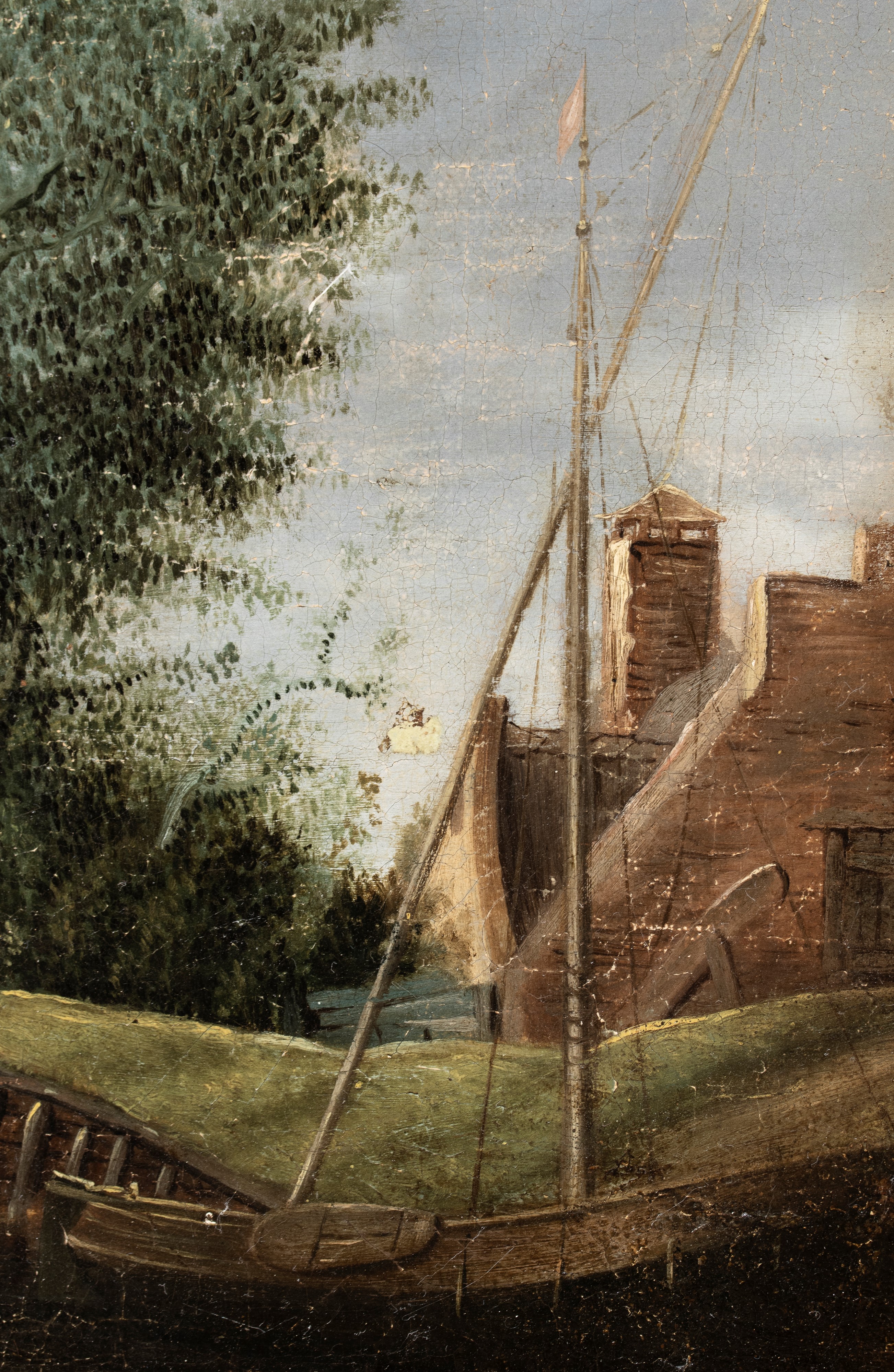 Artista Olandese, XVIII Secolo - Paesaggio fluviale con ponte, carrozza e figure, olio su tela