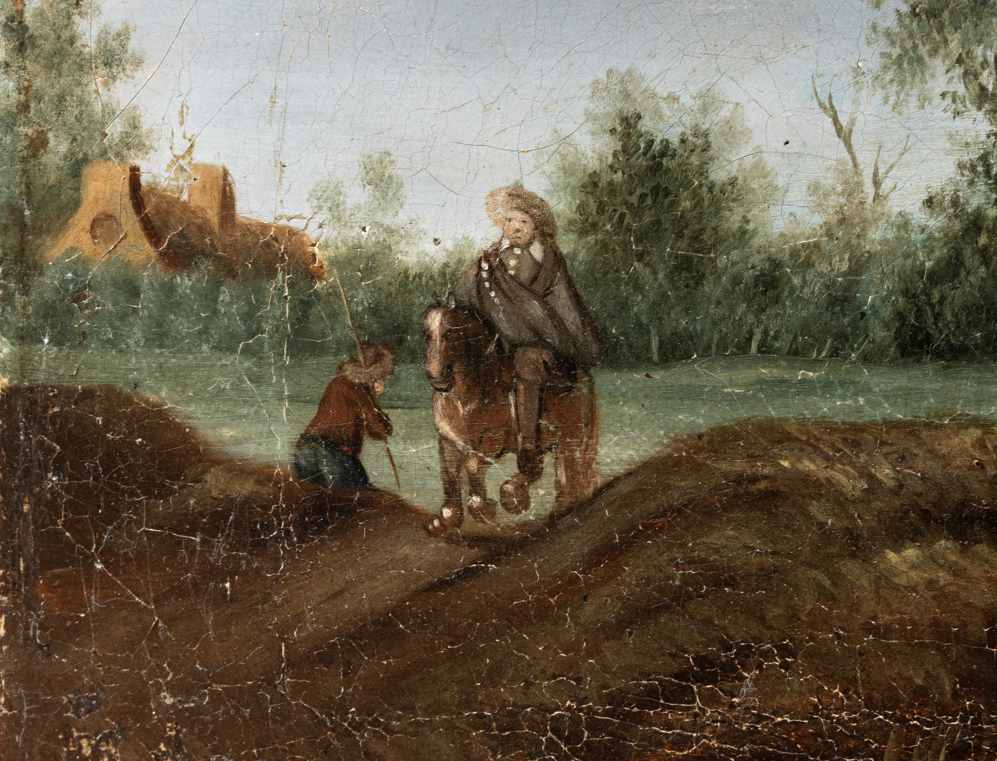 Artista Olandese, XVIII Secolo - Paesaggio fluviale con ponte, carrozza e figure, olio su tela