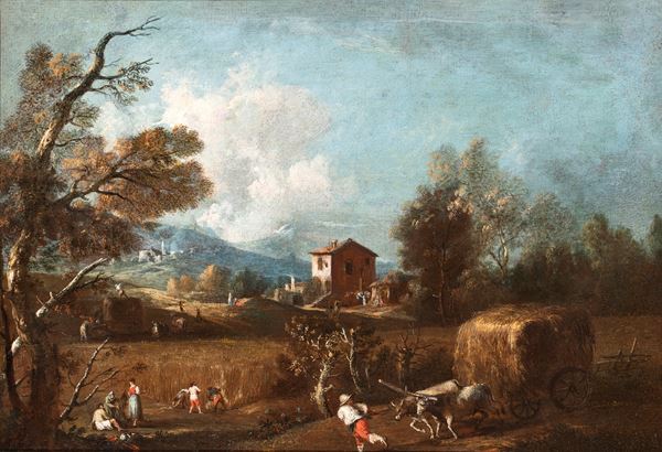 Artista veneto, XVIII secolo - Landscape with fields, a farmhouse, and peasants at work