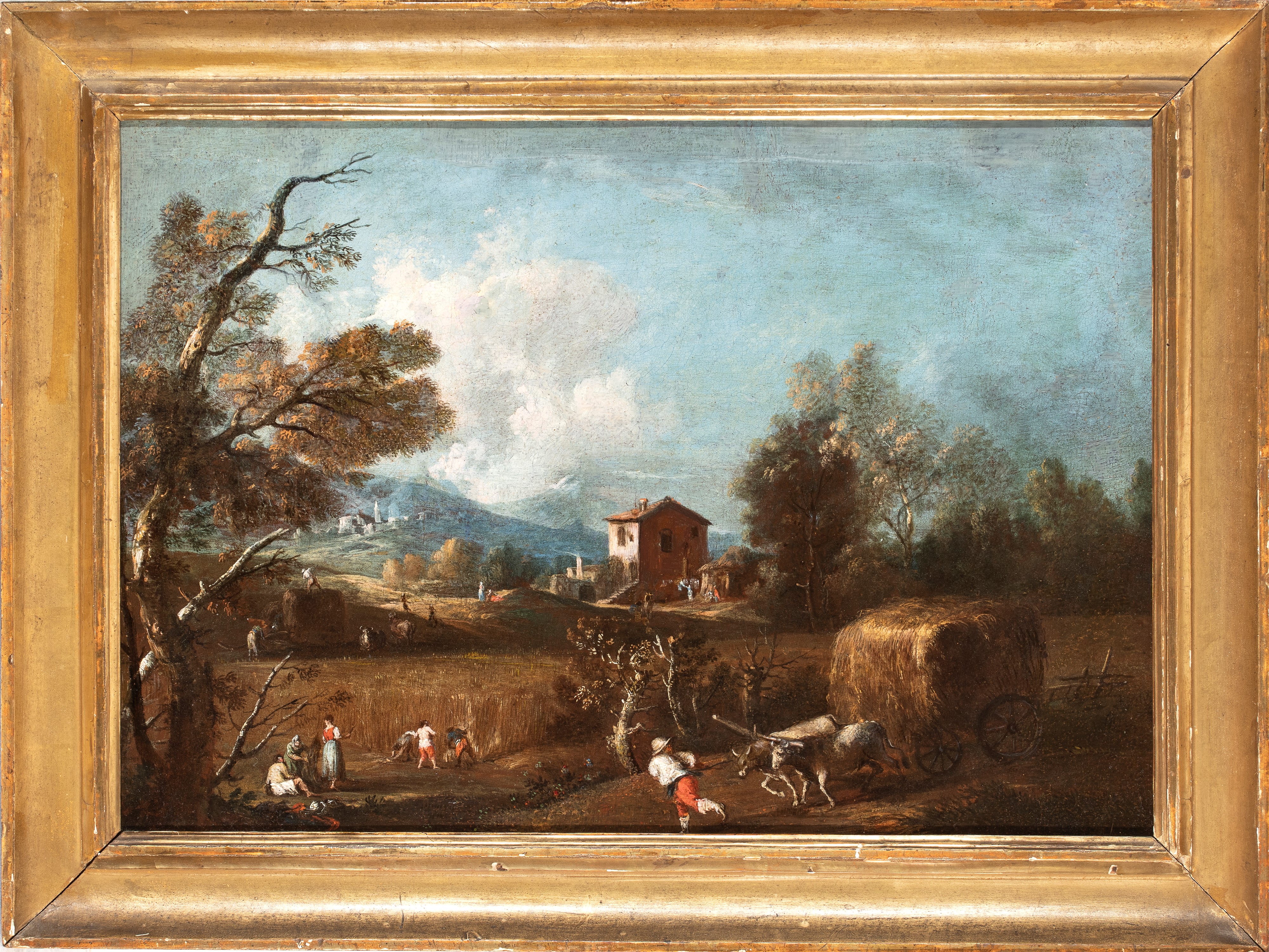 Artista Veneto, XVIII Secolo - Paesaggio con campi, casolare e contadini a lavoro, olio su tela